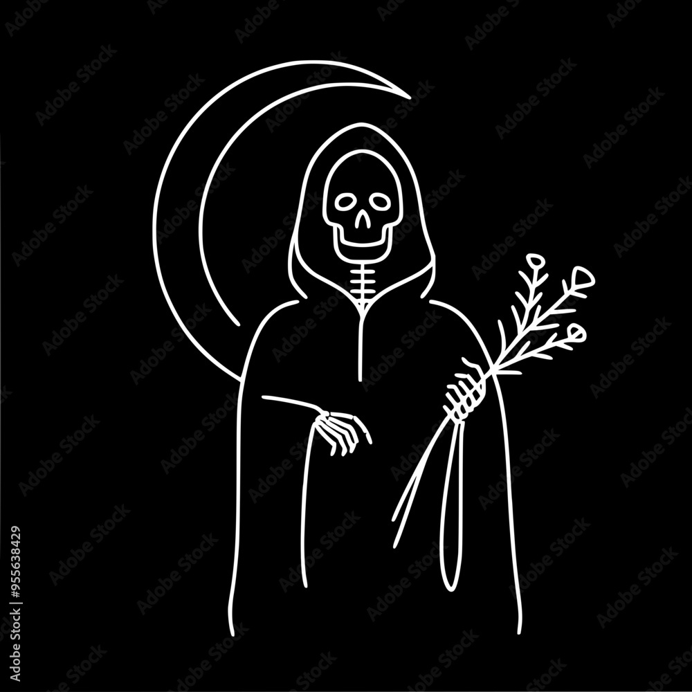 Poster a minimalistic linear vector drawing of a hooded skeleton holding a bouquet of flowers, creating a c