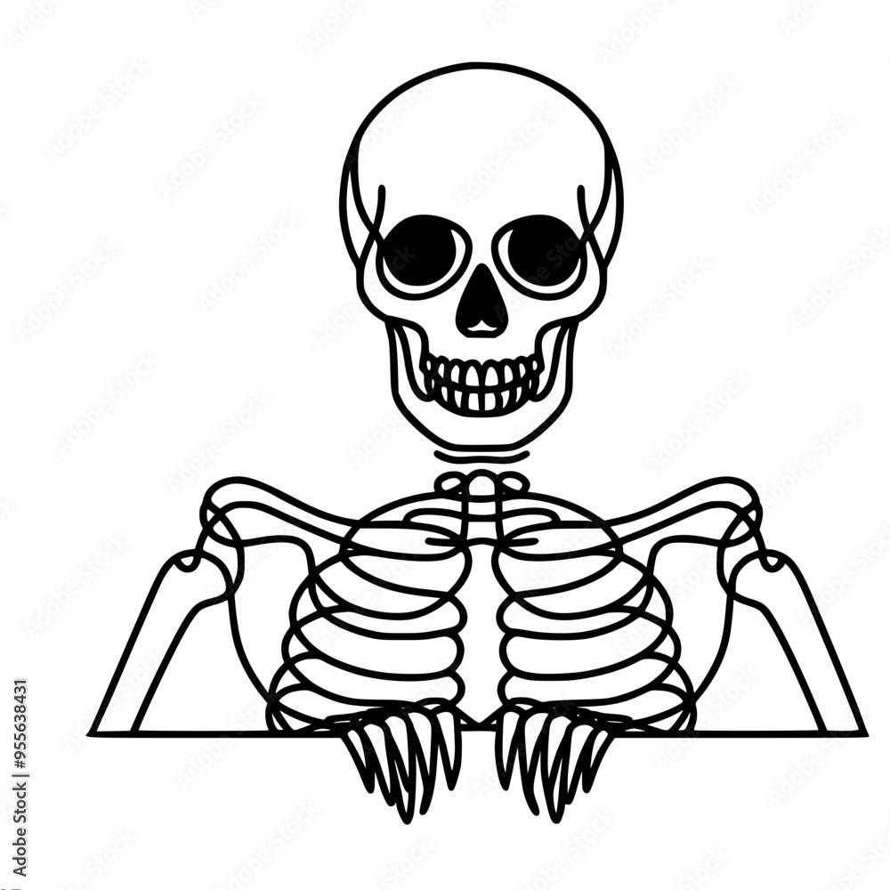 Poster a minimalistic linear vector drawing of a human skeleton from the shoulders up, with the head hidden