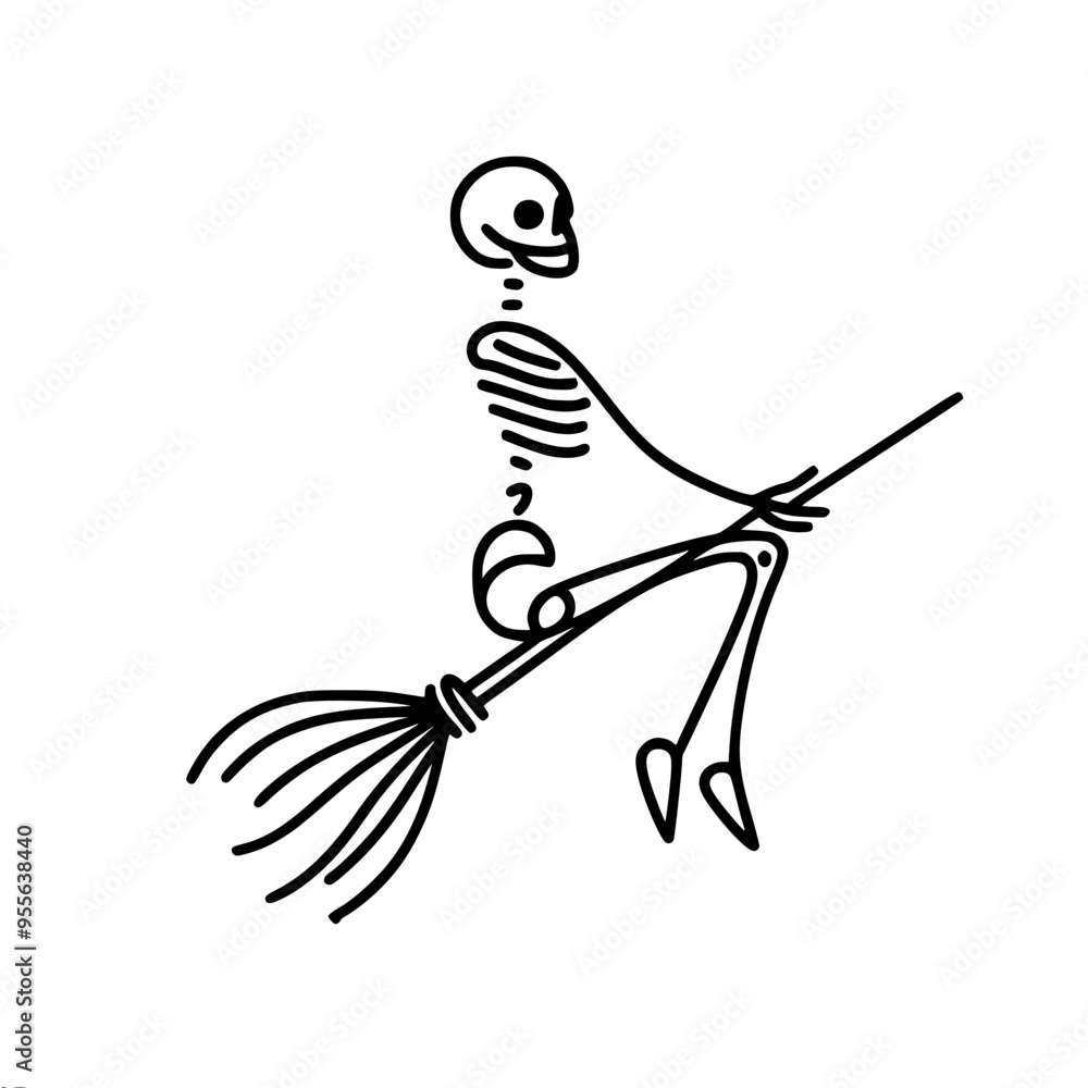 Poster minimalistic linear vector drawing of a skeleton flying on a broom, done in a minimalistic style, cr