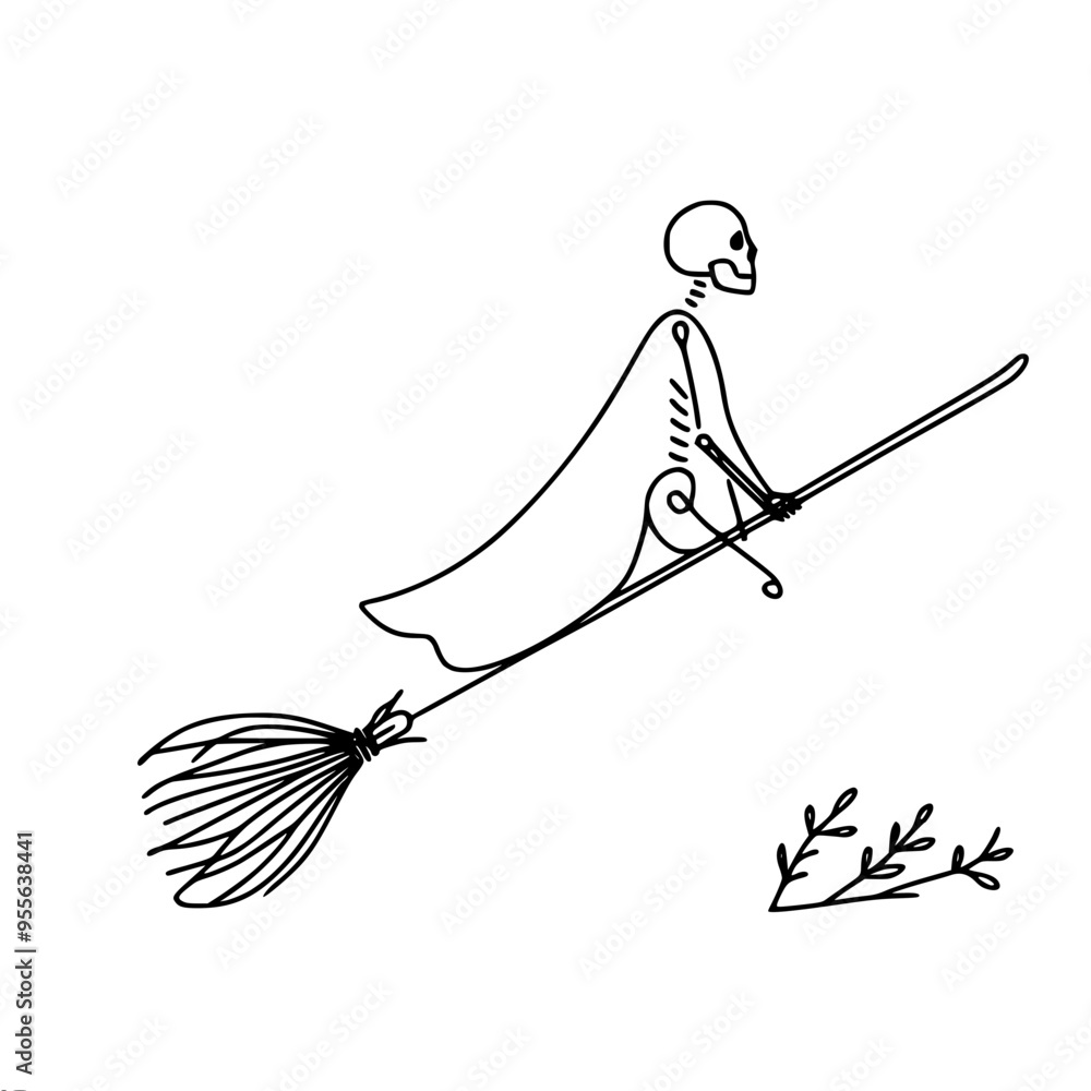 Poster minimalistic linear vector drawing of a skeleton flying on a broom, with a cloak and branches in the