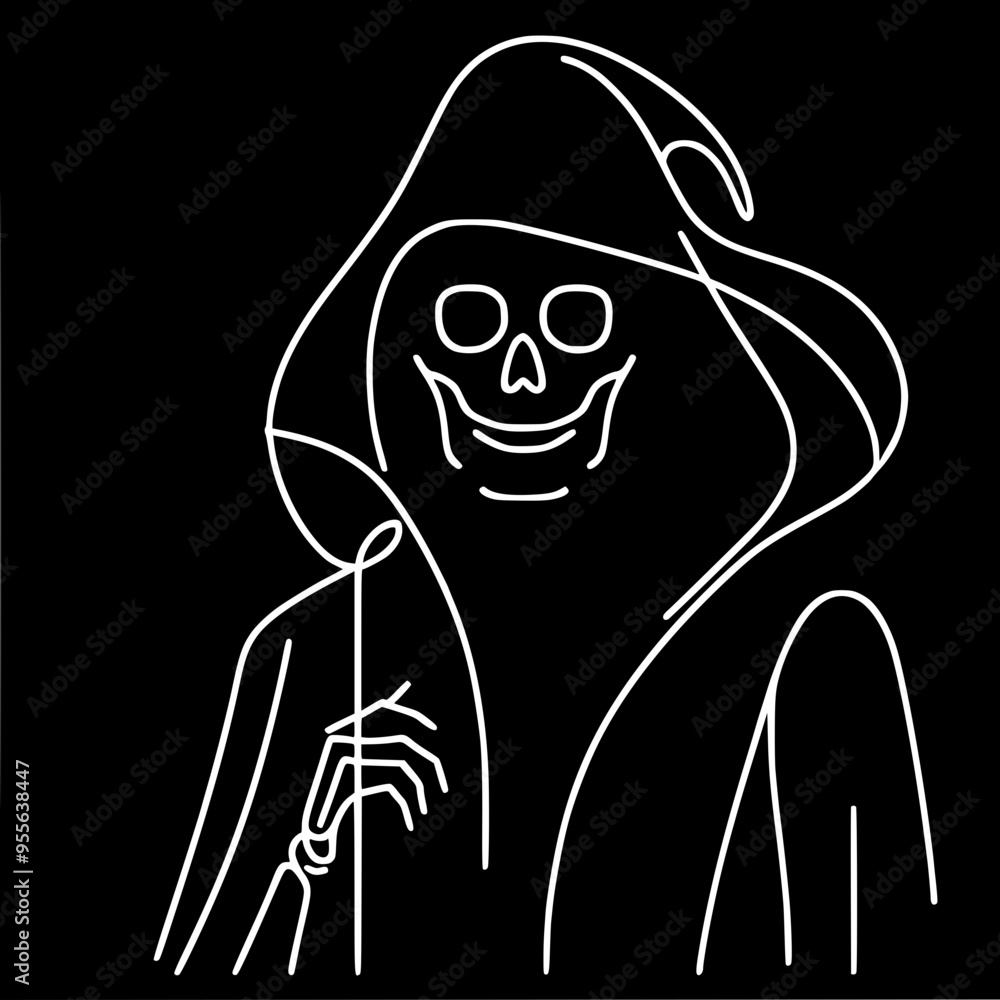 Poster minimalistic linear vector drawing of a hooded skeleton with a scythe on a black background, creatin