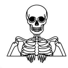 A minimalistic linear vector drawing of a human skeleton from the shoulders up, with the head hidden by a gray rectangle, creating a partial hiding effect, creating an atmosphere of Halloween and autu