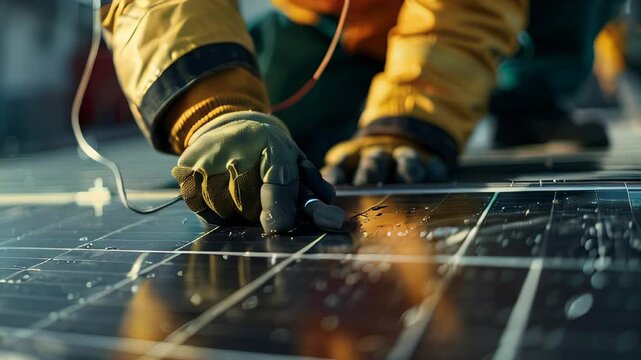 Close-up of a gloved hand working on a solar panel surface, possibly cleaning or installing. Concept for renewable energy and maintenance