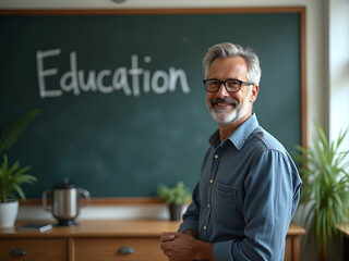 Middle-aged teacher in glasses pointing at green school chalkboard that says "Education".