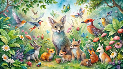 Vibrant watercolor painting depicts a whimsical menagerie of animals, including birds, foxes, and rabbits, amidst lush
