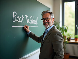 Middle-aged teacher in glasses pointing at green school chalkboard that says "Back To School".