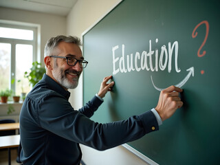 Middle-aged teacher in glasses pointing at green school chalkboard that says "Education".