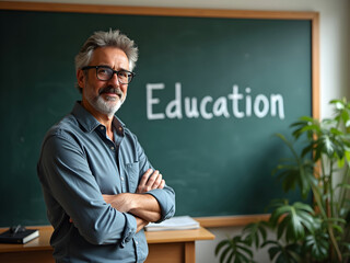 Middle-aged teacher in glasses with a green school chalkboard that says "Education" behind him.