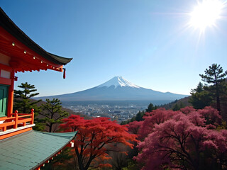 Fuji mountain with sakura cherry blossom and temple