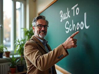 Middle-aged teacher in glasses pointing at green school chalkboard that says "Back to School".