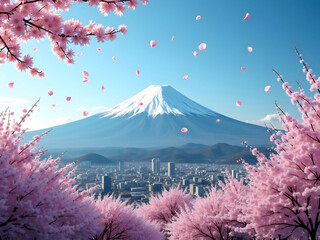 Fuji mountain with sakura cherry petals flying 