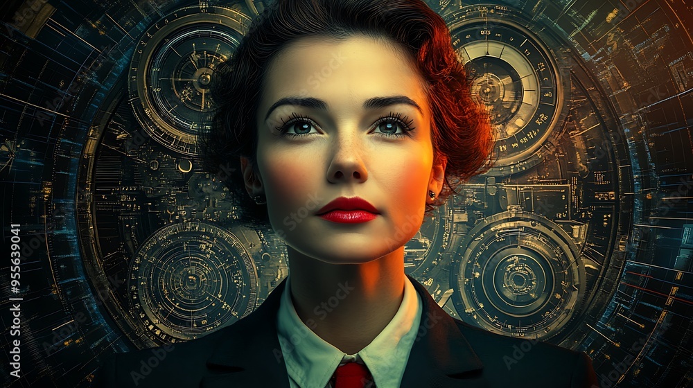 Poster Woman in a Suit Looking Up at Futuristic Technology.