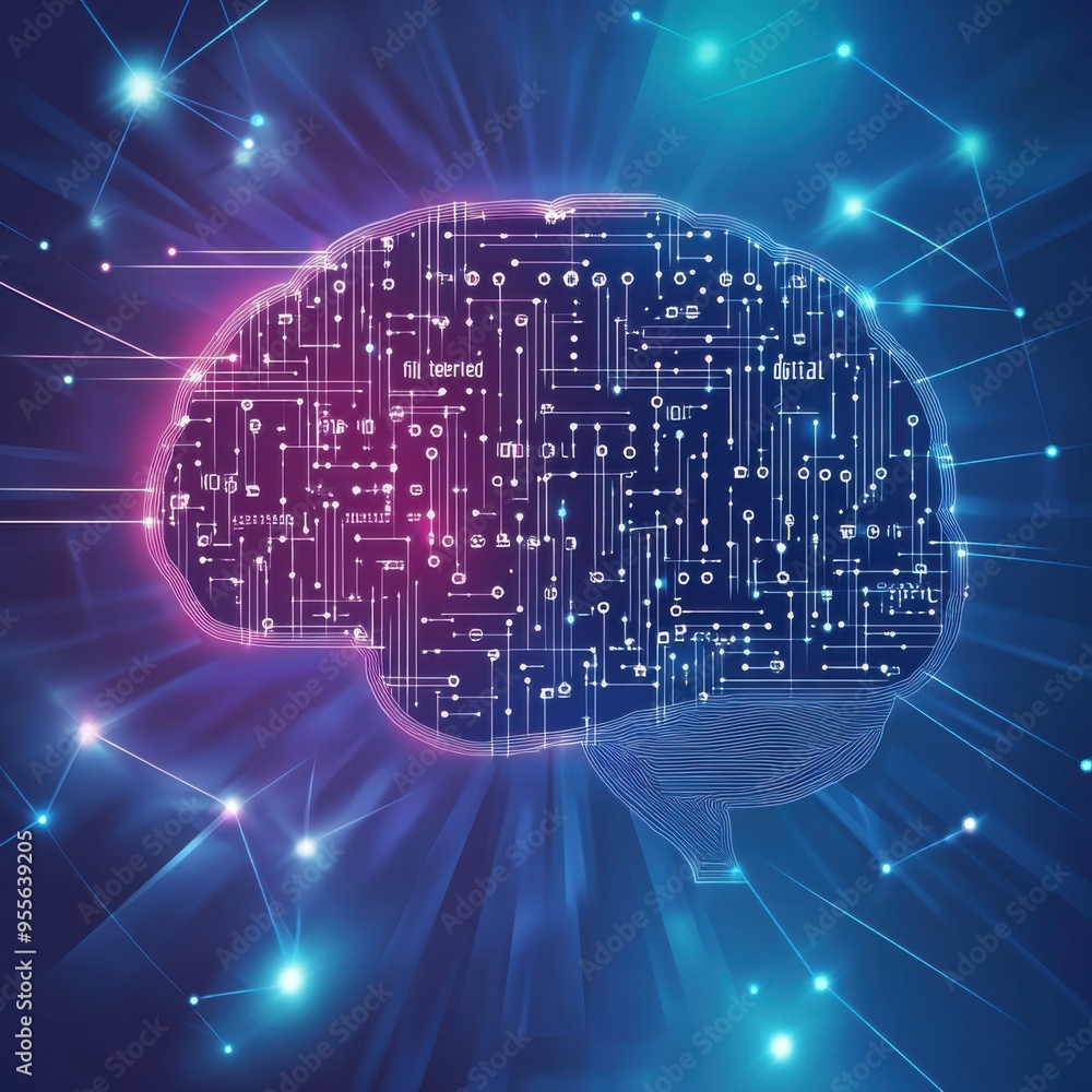 Poster futuristic digital brain with circuit board connections, showcasing artificial intelligence and tech