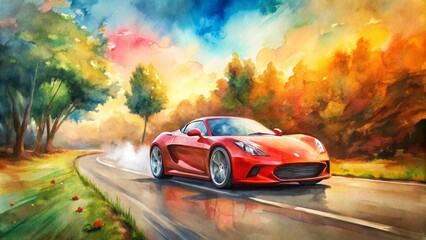Naklejka premium Vibrant watercolor painting of a sleek, cherry-red sports car speeding through a stylized, dreamy landscape with subtle