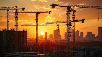 Silhouetted Construction Cranes at Sunset