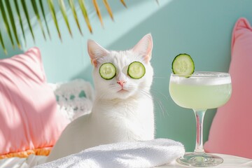 Naklejka na ściany i meble White cat relaxing with cucumber slices and cocktail on table. Pet grooming, domestic pets treatment