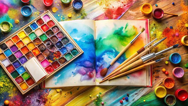 Vibrant watercolor paints and brushes scattered across an open art book, surrounded by color-drenched pages and loose