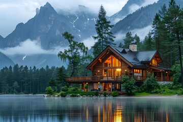 Fototapeta premium Serene Mountain Retreat: A Cozy Cabin by the Lake at Dusk