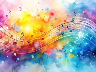 Obraz premium Vibrant watercolor splashes blend with swirling musical notes, creating a dreamy, ethereal atmosphere that captures the