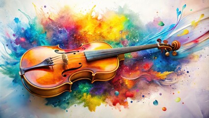 Fototapeta premium Vibrant watercolor splashes dance around an elegant violin, its curves and strings blurred in a whimsical, dreamy