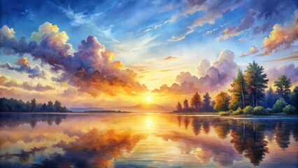Fototapeta premium Vibrant watercolor strokes blend softly, capturing the serene essence of a tranquil sunrise, with gentle clouds and