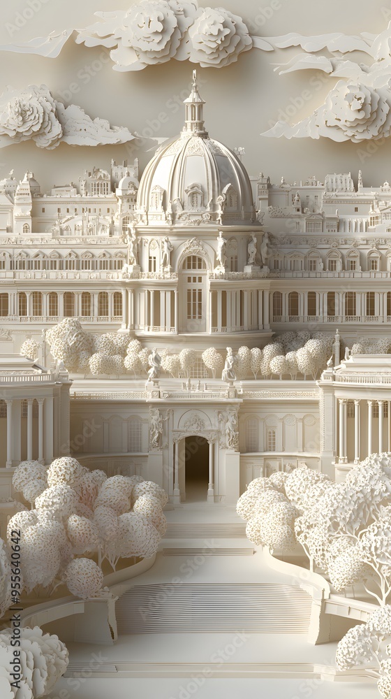 Poster 34. **design a 3d paper cut of the palace of versailles, featuring its opulent architecture and gard