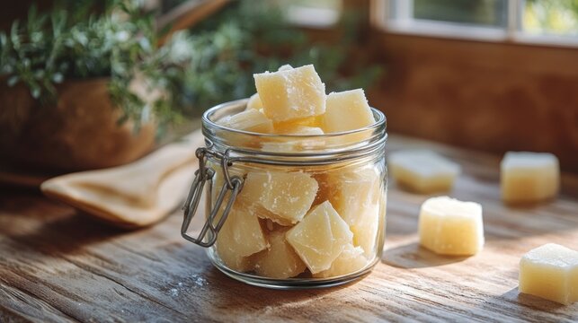 beef tallow culinary uses, chunks of beef tallow in a glass jar enhance the flavor and texture in traditional cooking and baking recipes, a staple in many kitchens