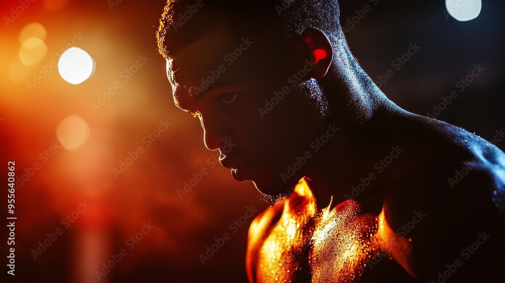 Wall mural a boxer in their corner between rounds, the intensity and focus captured with a cinematic light to e