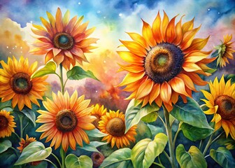 Obraz premium Vivid Watercolor Painting Captures The Vibrant Beauty And Sunlit Petals Of Blooming Sunflowers.