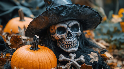 Mroczne, straszne tło z czaszką i kośćmi, a obok czarownica z dynią. Doskonałe na sezon Halloween i październikowe wydarzenia, pełne upiornej atmosfery.