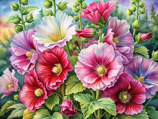 Obraz premium Watercolor Painting Of Vibrant Hollyhock Flowers In Full Bloom, Showcasing Their Elegant Petals And Intricate Details.