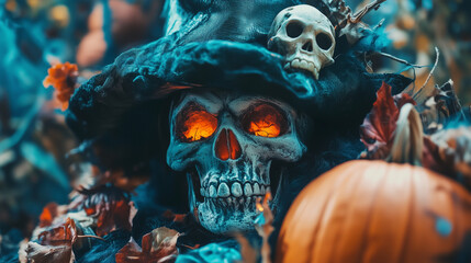Mroczne, straszne tło z czaszką i kośćmi, a obok czarownica z dynią. Doskonałe na sezon Halloween i październikowe wydarzenia, pełne upiornej atmosfery.