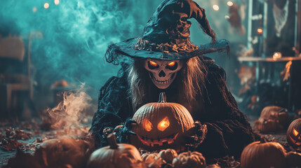 Mroczne, straszne tło z czaszką i kośćmi, a obok czarownica z dynią. Doskonałe na sezon Halloween i październikowe wydarzenia, pełne upiornej atmosfery.