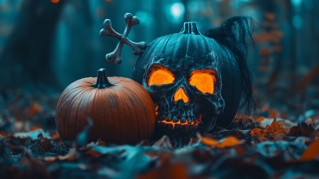 Mroczne, straszne tło z czaszką i kośćmi, a obok czarownica z dynią. Doskonałe na sezon Halloween i październikowe wydarzenia, pełne upiornej atmosfery.