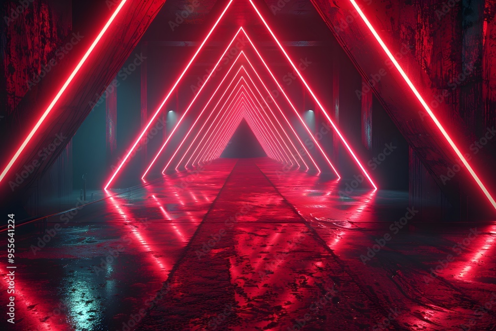 Poster futuristic neon tunnel with triangular patterns and reflections