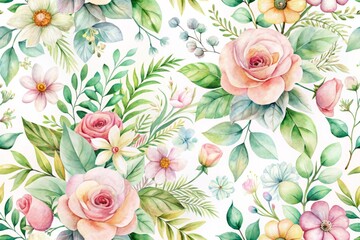 Whimsical watercolor design featuring soft, blended florals, leaves, and vines in pastel hues, perfect for adding a