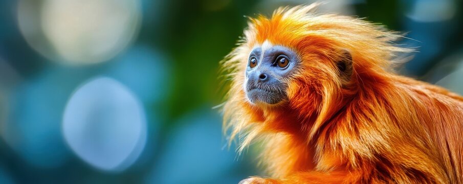 Vibrant close-up of a golden lion tamarin in a lush green forest setting with light bokeh in the background, highlighting the animal's striking orange fur and attentive gaze.