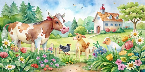 Fototapeta premium Whimsical watercolor illustration of a serene farm scene featuring a cow, chickens, and horse surrounded by lush