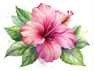 Obraz premium Whimsical watercolor illustration of a vibrant pink hibiscus flower with delicate petals and leafy stem, set against a