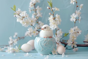 Obraz premium Adorable Chick Nestled Among Blossoms and Eggs