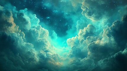 A surreal sky with dreamy, ethereal clouds and a vibrant, turquoise blue color, set against a fantastical, surreal background