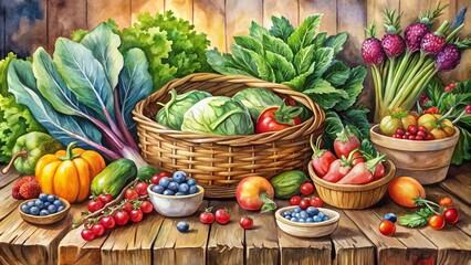Whimsical watercolor painting of a vibrant vegetable market scene, featuring colorful berries, leafy greens, and crisp