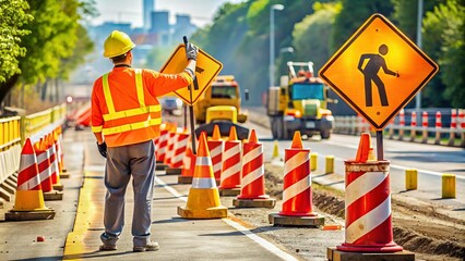 Yellow Warning Signs Alert Drivers To Road Construction Ahead And A Worker Directs Traffic Through The Work Zone.