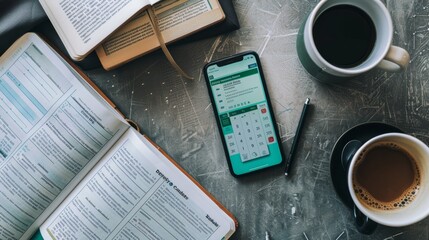 Smartphone displaying grade calculator app beside coffee and open textbooks in a productive setting