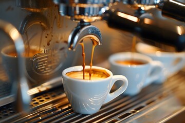 Freshly Brewed Espresso Pouring into White Cups