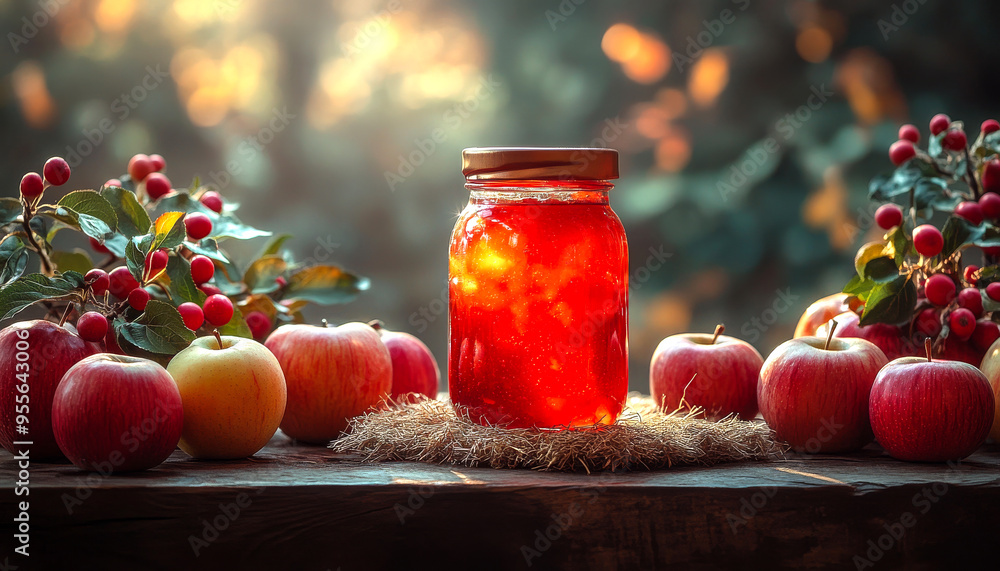 Poster a jar of red jam is sitting on a table with apples and berries. the jar is filled with a thick, red 