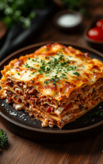 A large lasagna with meat and cheese on a black plate. The dish is topped with parsley and cheese