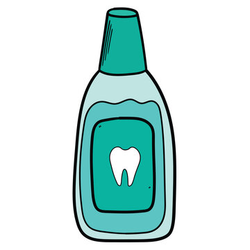 recommend clip art: Hand drawn cartoon mouthwash bottle on white background.
