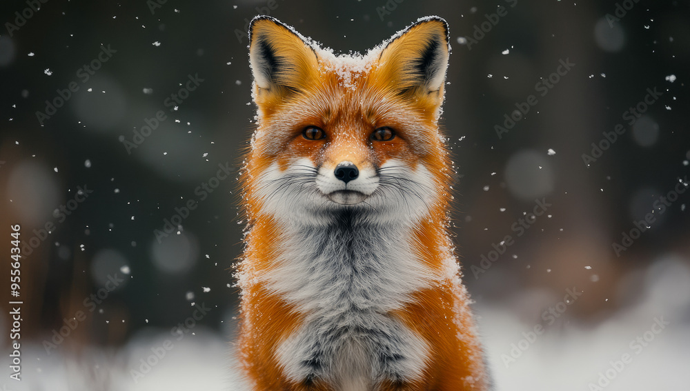 Poster a fox is standing in the snow with its head up and looking at the camera. the image has a moody and 