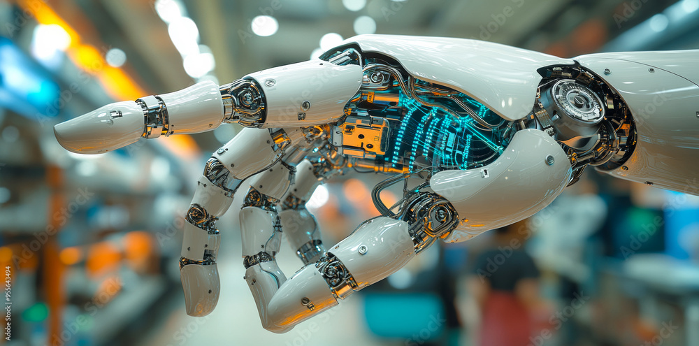 Poster a robot hand pointing to a shelf in a store. the robot is made of metal and has a blue light on its 